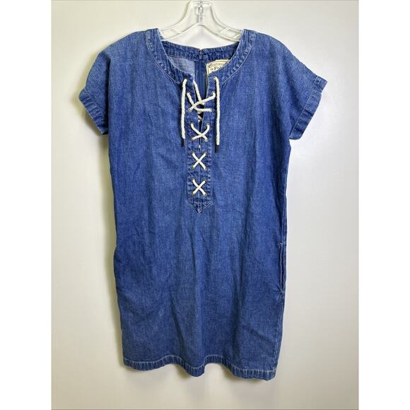 Polo Ralph Lauren Short Sleeve Denim Dress 2 Lace-Up Shift Dress Pockets Y2K - Picture 1 of 9
